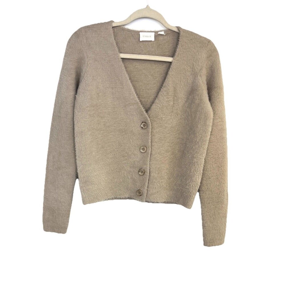 Mink Button Down Cardigan Women's Size XS Cyrus Tan V-Neck  Fuzzy STYLE#C832314